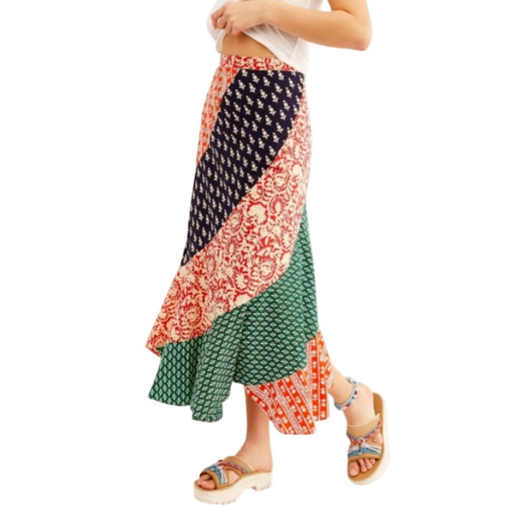 FREE PEOPLE Polska Medley Floral pattern mix Swirly Patchwork Maxi Skirt Size 10 - Picture 4 of 16